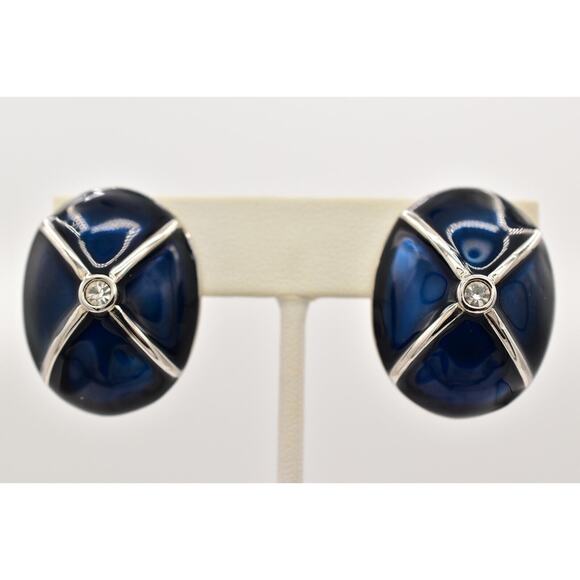 Ivana Trump Clip Earrings Navy Blue Enamel Chunky Vintage Signed 1990s BinBF - Picture 1 of 12